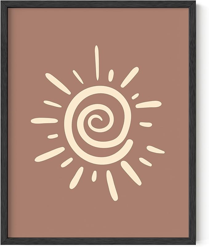 Abstract Spiral Sun Wall Art Swirl Sunburst Print Earth Tones Terracotta Tan Mid Century Modern 11x14 Inch Oak Wood Black Framed Tribal Boho Decor for Living Room