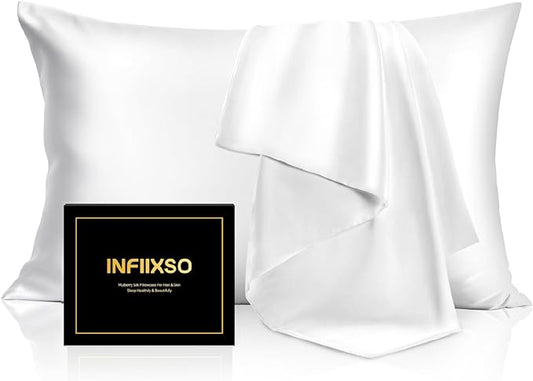 INFIIXSO Mulberry Silk Pillow Cases King Size Set of 2, Silk Pillowcase with Hidden Zipper 20"x36", Extraordinary Smooth and Soft Pillow Case for Hair and Skin(White, 2 Pack)
