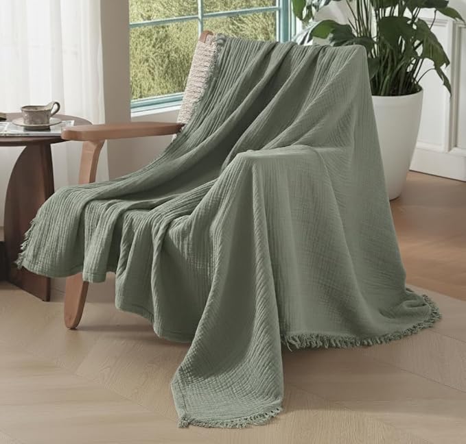 KyraHome 100% Organic Cotton Throw Blankets, 60"x80", Plant Dyed, Lightweight Warm, Gauze Soft Muslin Blankets for Adults, Picnic, Travel, Summer, All Season, Sage Green