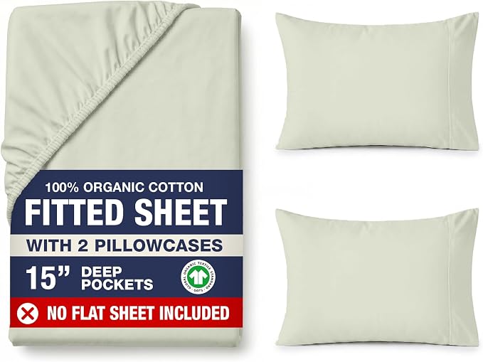 LANE LINEN Full Size Fitted Sheet & Pillowcases (No Flat Sheet) - 100% Organic Cotton Soft & Breathable Percale Weave For Crisp & Cool Sheets - 15'' Deep Pocket For Snug Fit - GOTS Certified - Mineral