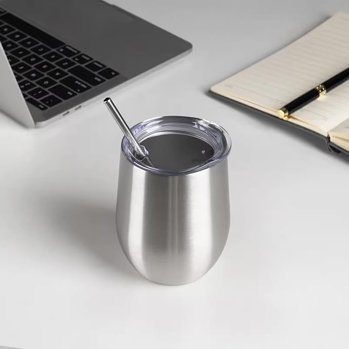 Generic Insulated Cup Tumblers 2 Pack 12 oz - Wine Cups with Lids and Straws Set, Reusable Stainless Steel Water Bottle, Travel Mug, Tumblers for Women Men Him Her, SilverCup12oz2PackStr