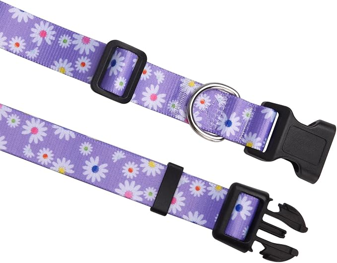 MarukoPet Dog Collar and Leash Set, Adjustable for Small Medium Large Dogs Puppy, Cute Design with Bohemia Floral Tribal Geometric Patterns Boys Girls Dog Collar(Purple Daisy Set,M)