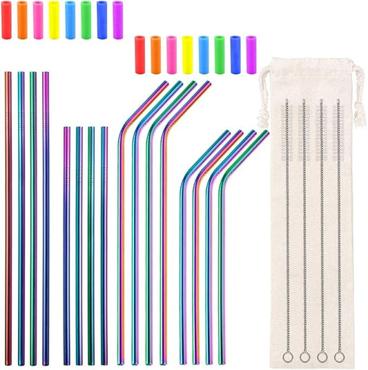 Lazycorner 16 Pcs Metal Straw Reusable 8.5" 10.5" 6mm Stainless Steel Straws for Tumblers 20oz-32oz, Rainbow Drinking Straws with Silicone Tips, 4 Straw Cleaner Brush, 1 Travel Case