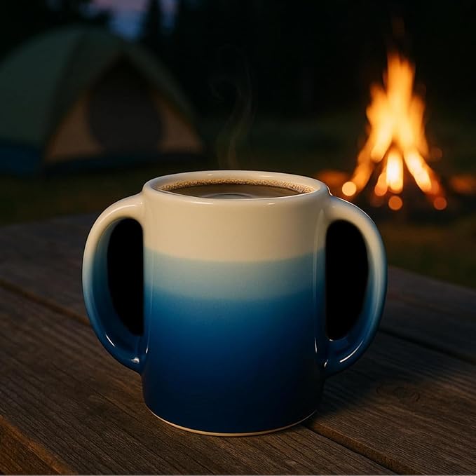 GUTE Handmade Pottery Double Hand Warmer Mug - 14 oz Ceramic Coffee Mug with Contoured Pockets for Both Hands Clay, Dishwasher & Microwave Safe, Comfy Blue - Winter Stocking Stuffer Gift