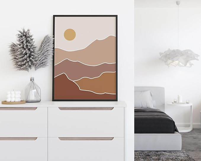 Abstract Mountain Landscape Wall Art Sun Rolling Hills Earth Tones Terracotta Mid Century Modern 12x16 Inch Oak Wood Black Framed Minimalist Scenery Print for Nursery Decor