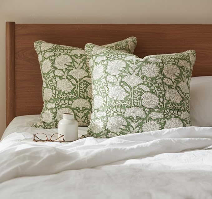 ATOSII Block Print Throw Pillow Covers, 18" X 18"- Set of 2, Decorative Couch Pillows for Living Room Bed Sofa, 100% Cotton Canvas Pillow Case for Home Decor & Outdoors, Preppy Throws - Jade