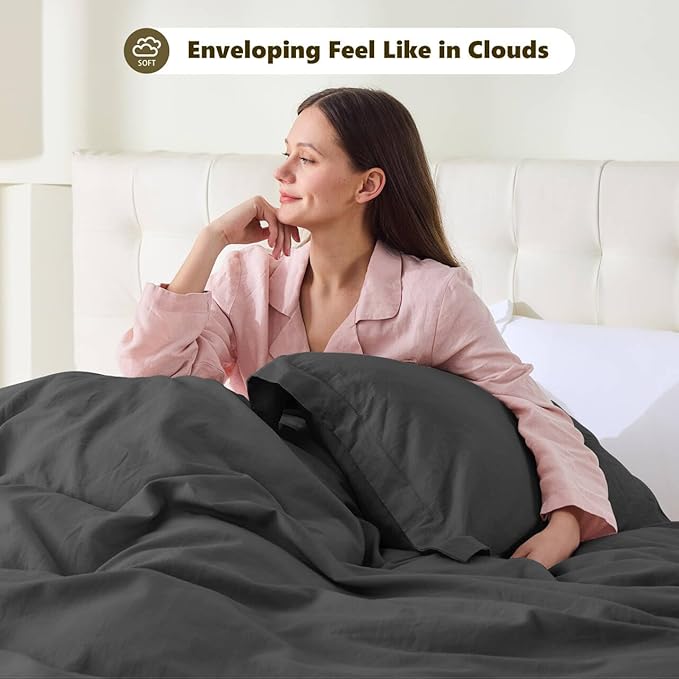 FALUCA French Linen Blend Duvet Cover Set 3Pcs Queen (88"x92") - Soft, Breathable, Cooling Farmhouse Bedding for Summer Hot Sleeper (Queen, Dark Grey)