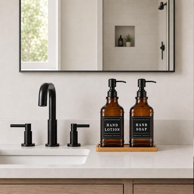 Glass Countertop Soap Dispenser Set: Modunful M1 DM2670 Amber 2 Pack 16.9oz | Anti-leak Stainless Steel Pump, Bamboo Tray, Silicone Funnel,60 Waterproof Residue Free Labels, Bathroom Decor