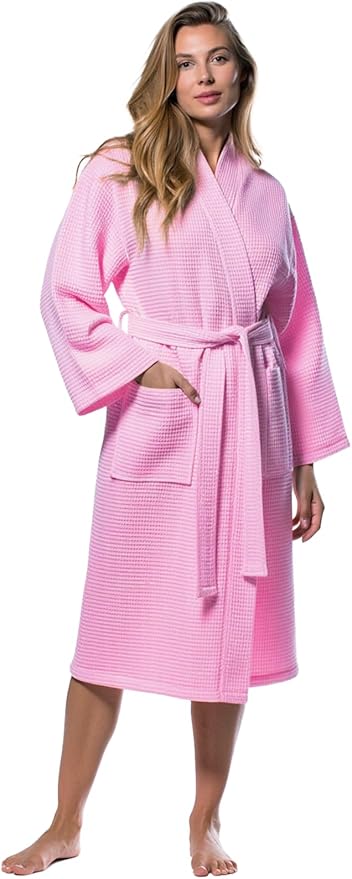 Turquaz Lightweight Waffle Knit Kimono Bathrobe - Soft Cotton Blend Spa Robe, Fast-Drying Full-Length Unisex Robes for Women
