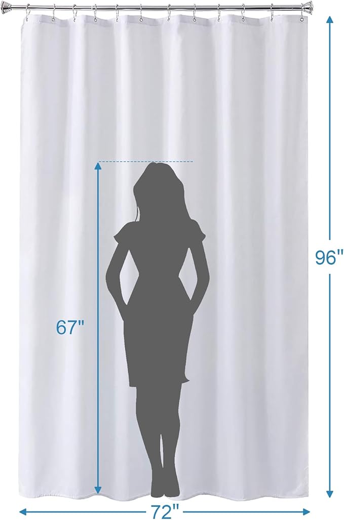 Amazer Extra Long Shower Curtain Liner Washable, 72 x 96 Inches, Fabric White Shower Liner with 2 Bottom Stones, Waterproof 2-in-1 Shower Curtain and Liner, 12 Grommet Holes, Hotel Quality, White