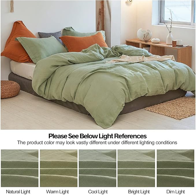 Simple&Opulence 100% Linen Duvet Cover Set 3pcs Basic Style Natural French Washed Flax Solid Color Soft Breathable Farmhouse Bedding with Button Closure - Sage Green, Queen