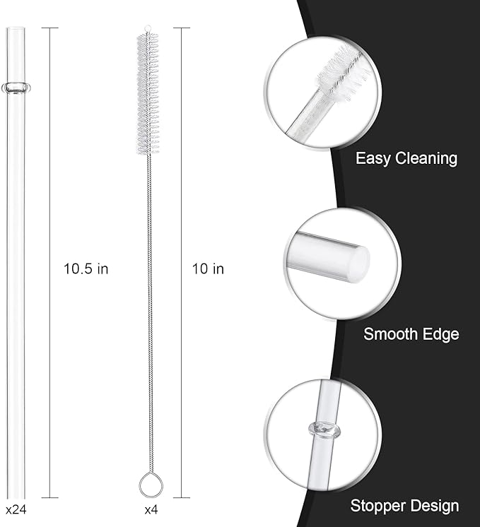 24 Pack, HIGHLY Transparent Reusable Plastic Straws with 4 Cleaning Brushes, 10.5 in Long Drinking Straws, Clear Replacement Straw for 16 24 30 32 OZ Tumblers, Cups, Jars, YETI, Starbucks - BPA FREE