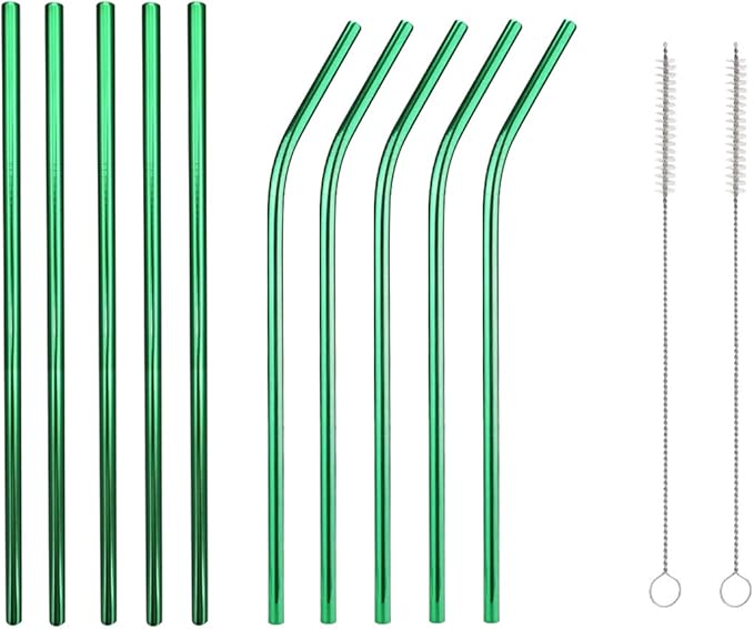 10 Pcs Stainless Steel Straws, Reusable Drinking Straws, 5 Straight + 5 Bent Metal Straws Set With 2 Pcs Cleaning Brushes (Green, 8.5 Inch)