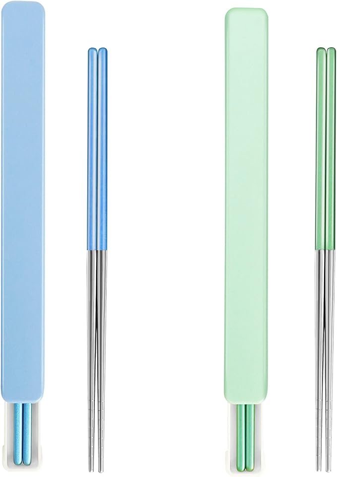 Portable Stainless Steel Chopsticks with Case, 9 Inch, Green Light Blue | Reusable,18/8 Stainless Steel,Metal,Black Blue For Travel,Camping,Bento Box, Alternative to Wooden/Plastic Chopstick