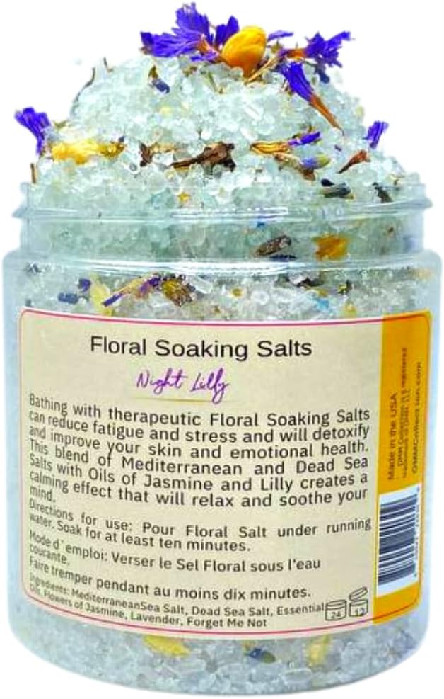 OMM Collection Natural Floral Soaking Bath Salt - Detox Body & Foot Soak - Pink Himalayan & Dead Sea Salt Flakes - Relaxing Bath Soak (Night Lily)