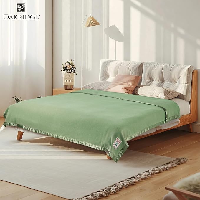 OakRidge Heirloom Merino Wool Blanket – 100% Australian Wool with Vintage Satin Edges – Breathable, Odor-Resistant, All-Season Bedding in King Size – Sage Cozy Throw for Home or Travel