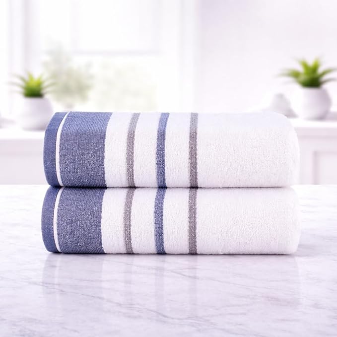 CASA COPENHAGEN White Bay 2Pcs 100% Egyptian Cotton Large Designer Bathsheet Towels Gift Set- Grey - Blue, 600GSM, 35"x70" 2Bath Sheet Towels for Bathroom (Gift Set for Women & Men)