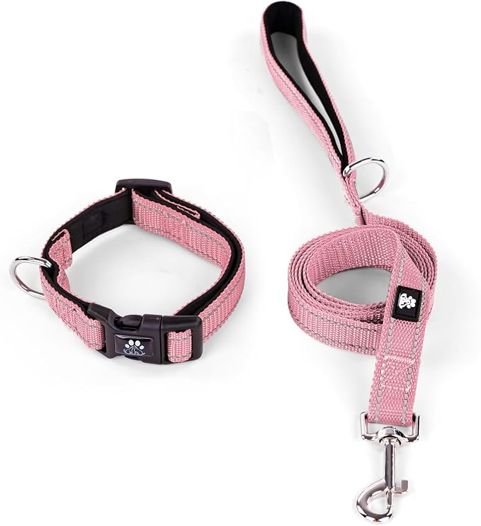 IVY&LANE Reflective Dog Collar and Leash Set,Adjustable Neoprene Padded Dog Collars for Puppy, Breathable Nylon Pet Collar for Small Medium Large Dogs(Small,Pink)