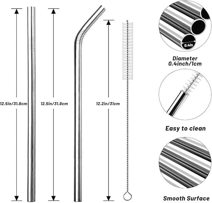 VEHHE Stainless Steel Stanley Straws, 4 Pack 12.5-inchs Long Reusable Stanley Cup Straw with Cleaning Brush (Silver)
