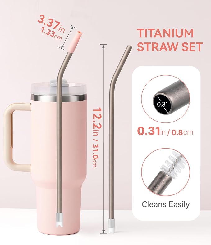 Heavy - Duty Titanium Straws12.2" Reusable for 40 oz Tumlbers | Metal Drinking Straws for All Kinds of Hot & Cold Drinks, Eco Conscious, BPA Free with Cleaning Brush(Light Pink)