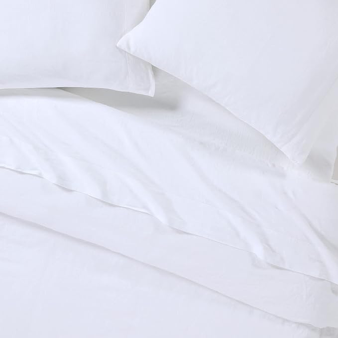 Sijo Stone Washed Organic French Linen Bed Sheet Set, GOTS Certified Organic, Best Cooling Linen Sheet Award by Sleep Foundation, 1 Flat Sheet Only (Snow, King/Cal King)