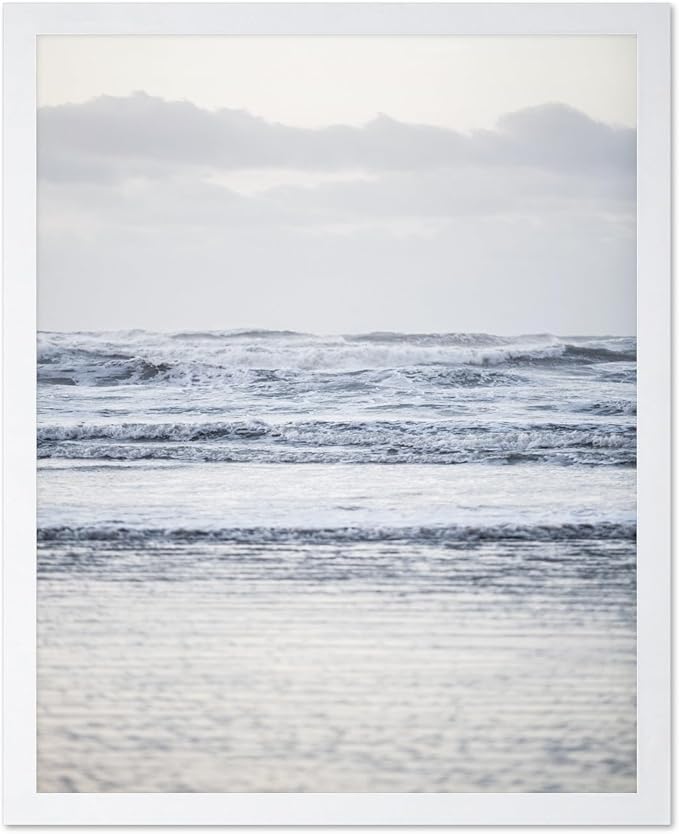 Monem Art Pastel Ocean Waves Seascape Photography Print - Minimalist Coastal Landscape Art Poster - Wall Decor for Living Room, Bedroom or Office - 12x16 White Framed Wall Art by Mareike Bohmer
