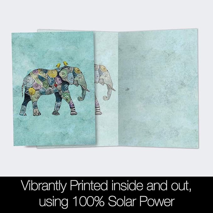Tree-Free Greetings - All Occasion Cards - Artful Designs - 12 Greeting Cards + White Envelopes - Made in USA - 100% Recycled Paper - 4 x 6 - Elephant and Yellow Birds (AFS1037)
