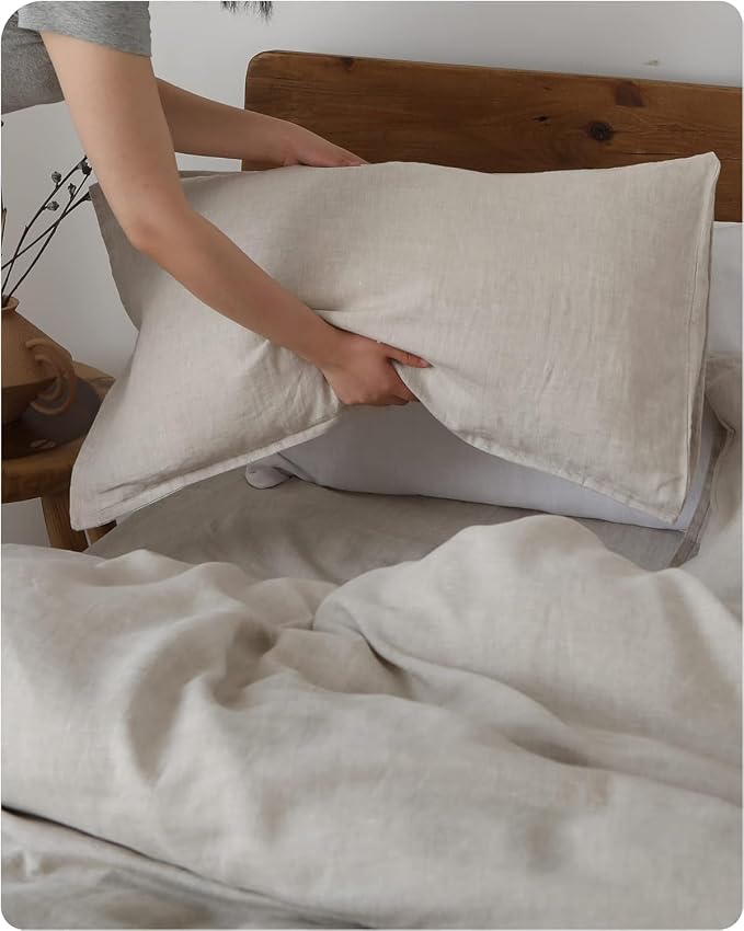 XZ XIFA Standard Pillowcases - 2 Pack - Envelope Closure - 100% Natural Washed French Flax, Breathable, Durable, Textured Pillow Covers 20"x26"(Standard, Linen/Natural Linen)