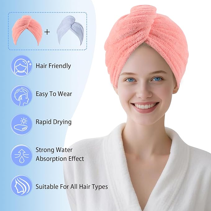 Microfiber Hair Drying Towel Wrap for Women, Hair Turbans Towel for Wet Hair,turbie Twist Hair Towels(The Color of the Picture is for Reference only) (Light Blue,Pink)
