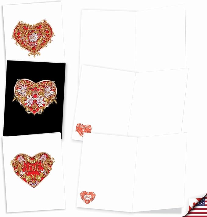 The Best Card Company - 20 Cute Boxed Cards (4 x 5.12 Inch) - Assorted Blank Set (10 Designs, 2 Each) - Baroque Hearts AM8999OCB-B2x10