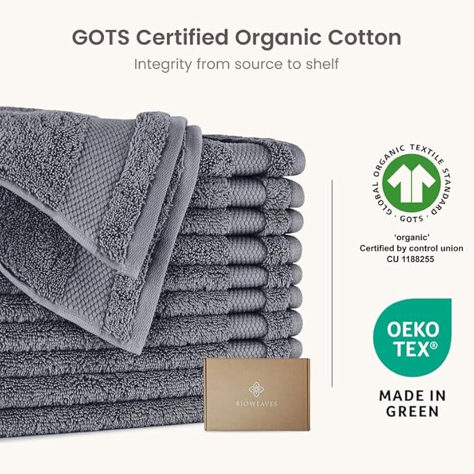 BIOWEAVES 100% Organic Cotton 700 GSM Plush Washcloths 13" x 13" GOTS Certified - Charcoal, Pack of 12