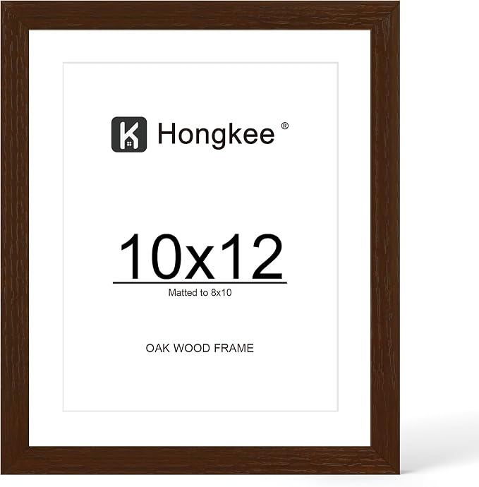 Hongkee 10x12 Oak Wood Picture Frame 1 Pack(Matted 8x10), Real Glass Cover | Walnut, 10 x 12 Solid Wood Frame for Wall or Tabletop Display - Includes Easel Back, Vertical Hang - Ideal for Home, Office