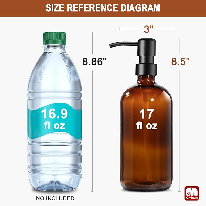 GMISUN Amber Glass Soap Dispenser, 1 Pack Dish Soap Dispensers for Kitchen with Rustproof Stainless Steel Pump, 17 Fl Oz Bathroom Hand Soap Dispenser, Brown Liquid Dishwashing Dispensers Bottle
