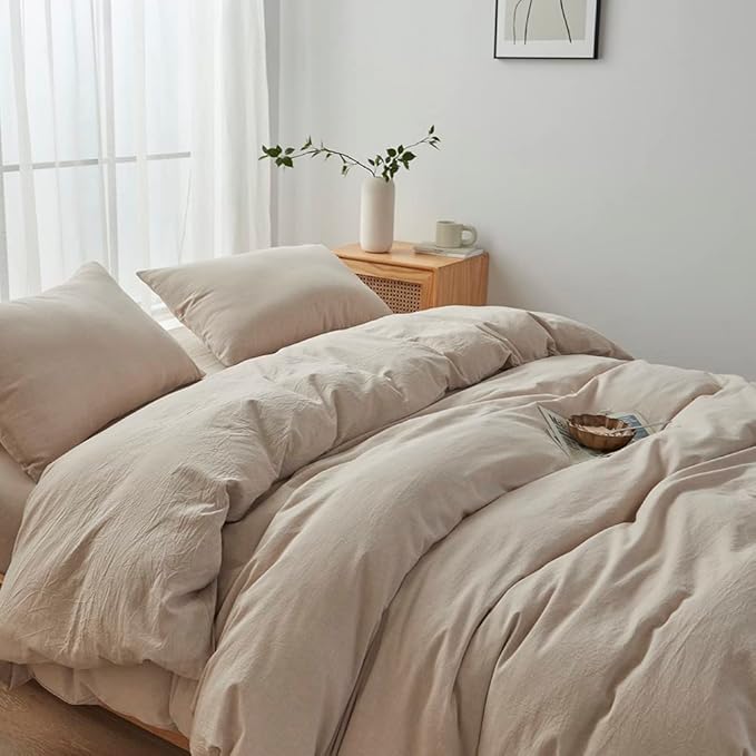 FACE TWO FACE Bedding Duvet Cover Set100% Washed Cotton Duvet Cover Linen Like Textured Breathable Durable Soft Comfy (Queen, Tannish Linen Grey)