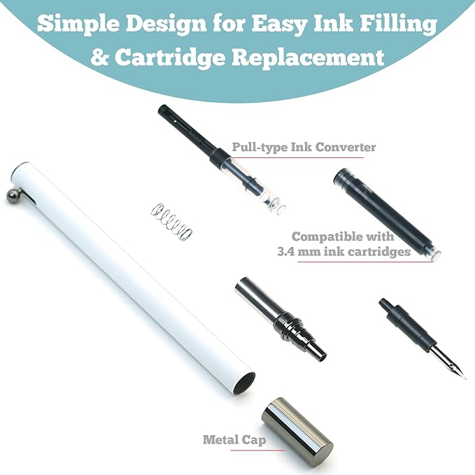 Retractable Fountain Pen – 0.38 mm Extra Fine Nib Fountain Pen, Smooth Fancy Pens with Converter, 6 Ink Cartridges & Gift Pouch for Writing (White)