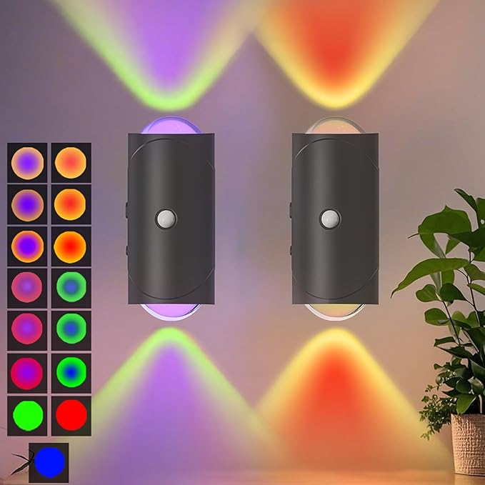 Motion Sensor Night Light Indoor, 1500mAh Rechargeable RGB Color Changing LED Wireless Wall Sconce Set of Two with Magnetic Base, Peel and Stick Sconces for Bedroom, Bathroom, Hallway, Stairs