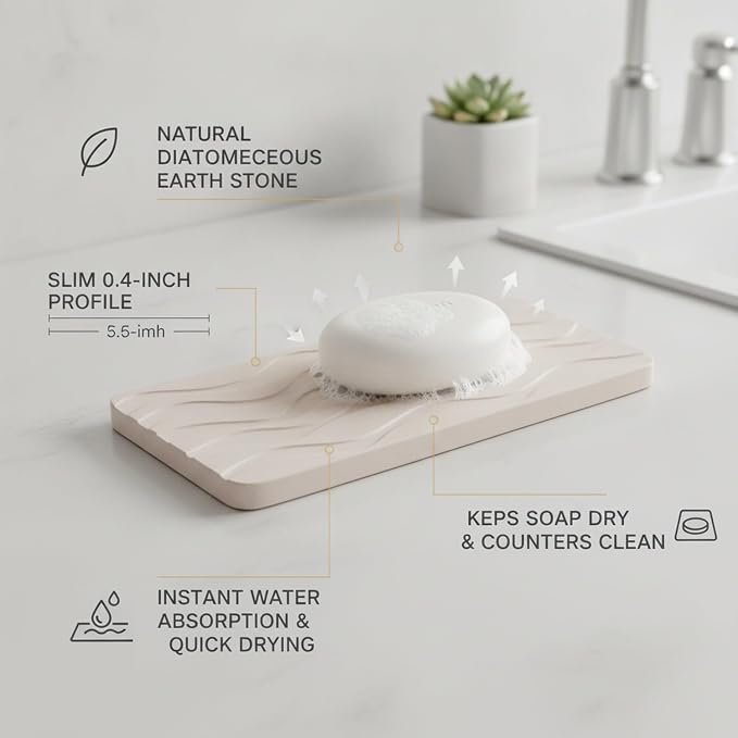 Diatomaceous Earth Soap Dish, Rectangular Stone Bar Soap Holder for Bathroom Sink & Shower, Absorbent Tray (8.7 x 3.5 Inch)