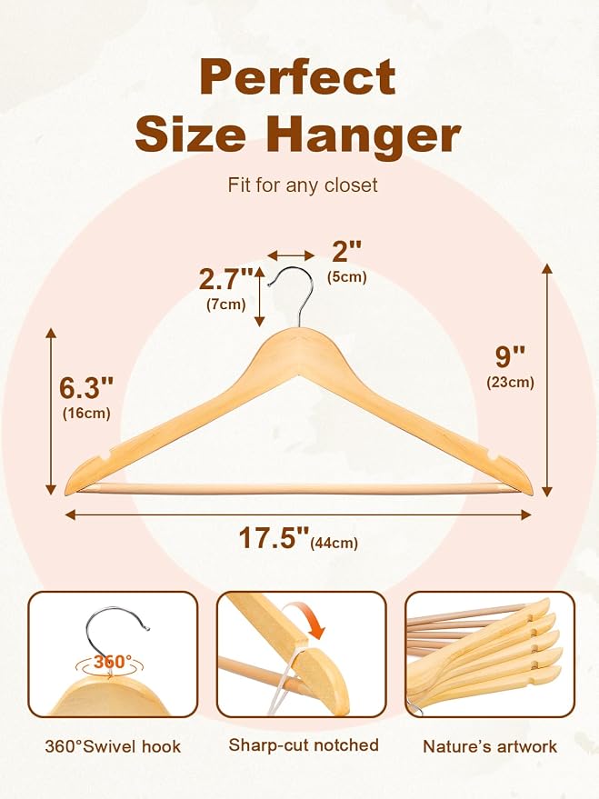 HOUSE DAY Bulk Wooden Hangers 80 Pack, Solid Wood Hanger with Non Slip Pant Bar, Heavy Duty Wooden Coat Hanger for Closet, Smooth Finish Wood Clothes Hangers for Shirts, Suits Jackets, Dress, Natural