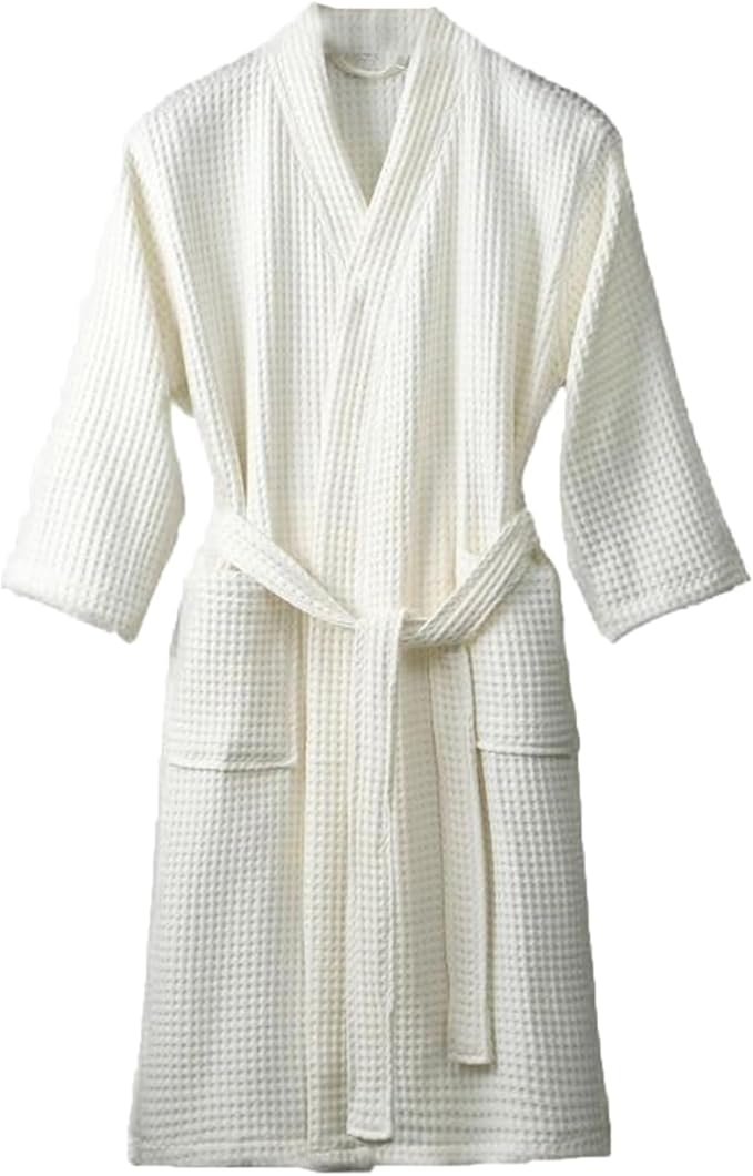 Waffle Bathrobe for Men Women, 100% Cotton Kimono Robes with Pockets & Belt, Soft Absorbent Knee-Length Robe for Bath Spa