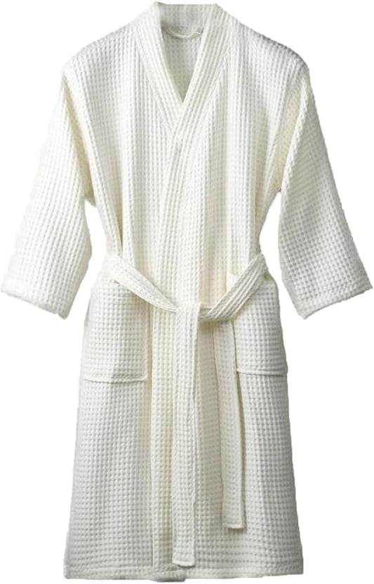 Waffle Bathrobe for Men Women, 100% Cotton Kimono Robes with Pockets & Belt, Soft Absorbent Knee-Length Robe for Bath Spa