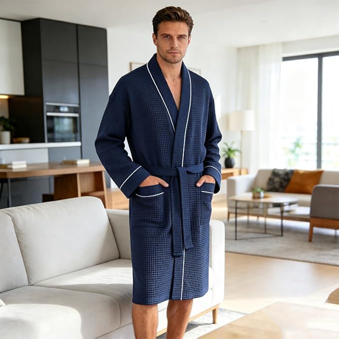 Inner Wish Men's Cotton Waffle Kimono Robe, Lightweight Soft Spa Shower Bathrobe, Hotel Lounge Robes for Men