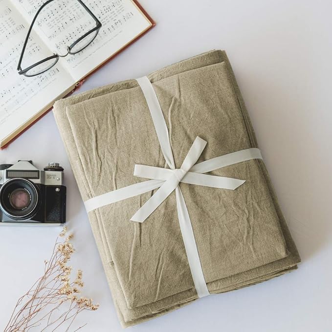 EMME Khaki Cotton Duvet Cover Twin, 2-Piece Set Soft Cotton Comforter Cover Bedding Collection Comforter Cover with Pillow Sham Solid Color Zipper Closure & Corner Ties (Khaki, Twin/Twin XL)