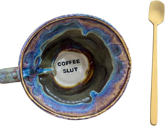 Jumbo Lightning Sweary Mug,Glaze Ceramic Mug,Handmade Pottery Coffee Mugs, Engraved Sarcastic Quote - Gift for Friends and Coworkers,Comes with a fine coffee spoon (COFFEE SLUT)