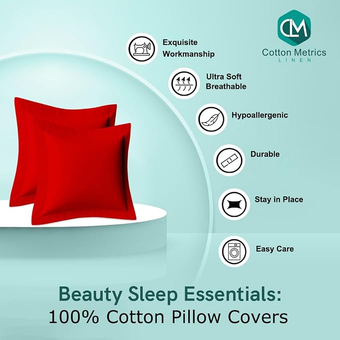2 Pack Euro Pillow Shams 26x26 – 600 Thread Count 100% Organic Cotton Red Square Pillow Covers with 2 Inch Flange, Soft & Smooth Premium Hotel-Quality Pillowcases Set of 2