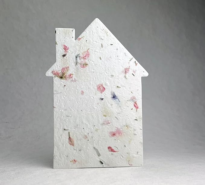 Of The Earth Handmade Paper - Wildflower Seed Paper House Shape Cards - w/Seeds & Petals - 5" x 7" - Set of 8 - Guides & Envelopes Included (17s Pink Recycled)