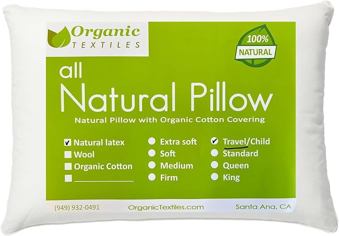 ORGANIC TEXTILES 100% Natural Latex Travel Pillow with Organic Cotton Cover (16 in x 9 in x 6 in) - Great for Airplane, Car, Bus, Train, Camping (Travel - Medium) - Pack of 1