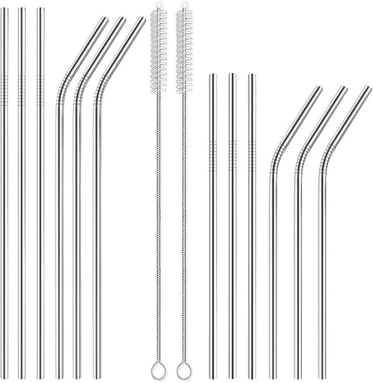12-Pack ReusableStainless Steel Straws - Reusable, BPA Free Metal Straw - Suitable for 30 oz and 20 oz Cups, 6 Straight and 6 Curved Straw Sets, Including 2 cleaning brushes