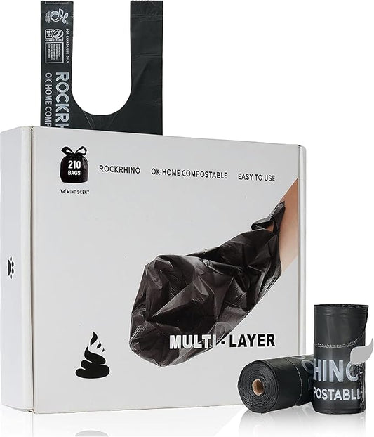Ultra Thick RockRhino Dog Poop Bags - Claw Machine Style Pickup with Multi-Layer Bottom, ECO Heavy Duty, 0% Plastic, 100% Home Compostable, Mint-Scented, Easy Open Tie Handles, Glove Fit - 210 Bags