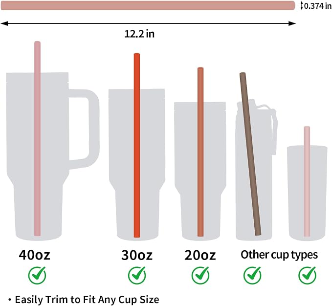 6 Pack Reusable Silicone Straws Compatible with Stanley 40oz 30oz 20oz Tumblers, 12.2" Long x 0.374" Diameter BPA-Free Drinking Straws with 2 Cleaning Brushes, Flexible Cuttable Teeth-Friendly