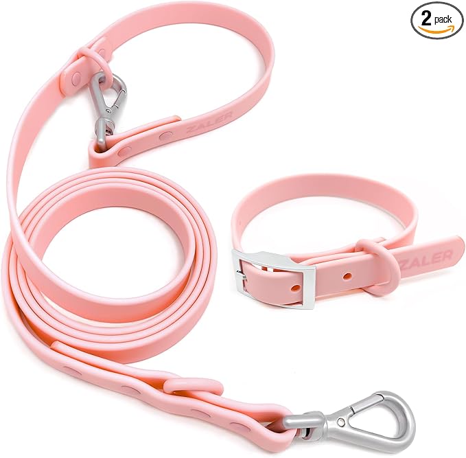 ZALER Dog Collar and Leash Set, Waterproof Adjustable Odor Proof Pet Collars Leashes Easy to Clean, 6FT Dog Leash with 2 Hooks for Large, Medium Small Dogs (M, Pink)